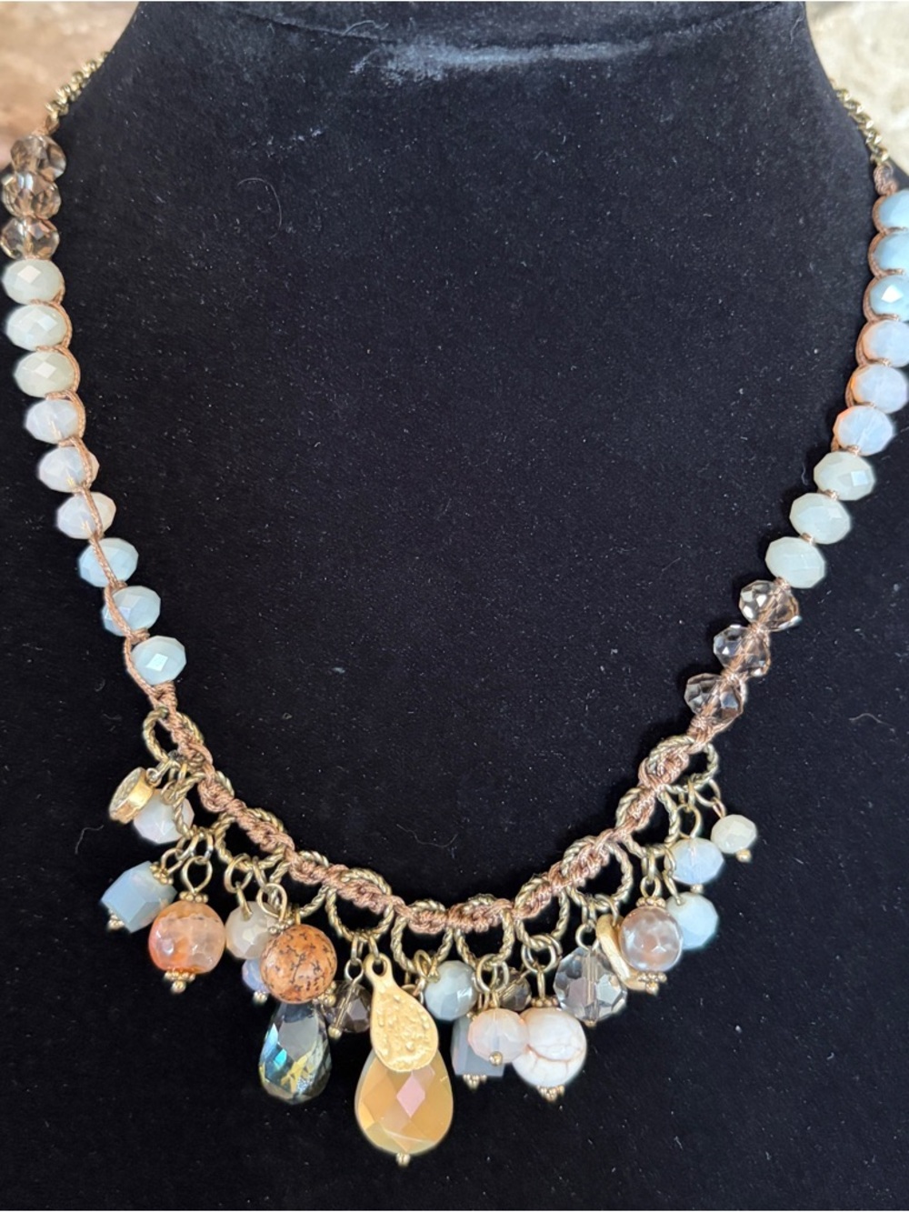 Boho Multi-Bead Charm Necklace in Light Blue and Gold 19 inch